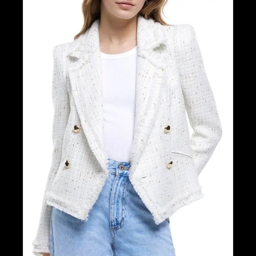 River Island Ivory Bouclé Jacket Metallic Gold Blazer Women’s Size 8